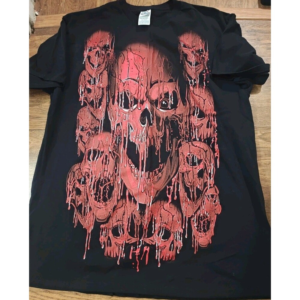 VTG Y2K Red Dripping Blood Skulls Horror Black T Shirt Halloween Men's Large